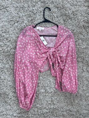 Anthropologie Top Pink White Polka Dot Wrap Tie Front Crop Kimono NWT